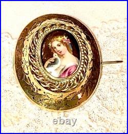 Antique Victorian Portrait Brooch Gold Cameo Lady Bird Hand Painted Porcelain