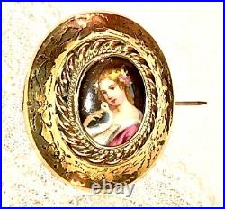 Antique Victorian Portrait Brooch Gold Cameo Lady Bird Hand Painted Porcelain