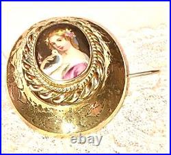 Antique Victorian Portrait Brooch Gold Cameo Lady Bird Hand Painted Porcelain