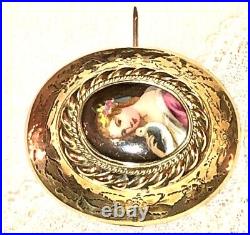 Antique Victorian Portrait Brooch Gold Cameo Lady Bird Hand Painted Porcelain