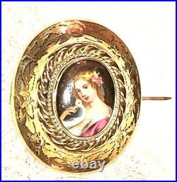 Antique Victorian Portrait Brooch Gold Cameo Lady Bird Hand Painted Porcelain