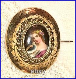 Antique Victorian Portrait Brooch Gold Cameo Lady Bird Hand Painted Porcelain