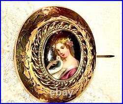 Antique Victorian Portrait Brooch Gold Cameo Lady Bird Hand Painted Porcelain