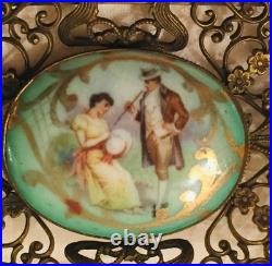 Antique Victorian Portrait Brooch Gold Hand Painted Ornate Irish Courting Couple