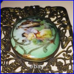 Antique Victorian Portrait Brooch Gold Hand Painted Ornate Irish Courting Couple