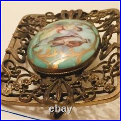 Antique Victorian Portrait Brooch Gold Hand Painted Ornate Irish Courting Couple