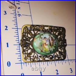 Antique Victorian Portrait Brooch Gold Hand Painted Ornate Irish Courting Couple