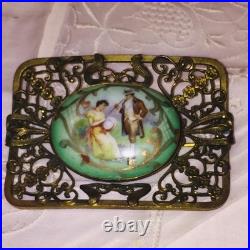 Antique Victorian Portrait Brooch Gold Hand Painted Ornate Irish Courting Couple