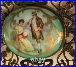 Antique Victorian Portrait Brooch Gold Hand Painted Ornate Irish Courting Couple