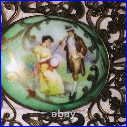 Antique Victorian Portrait Brooch Gold Hand Painted Ornate Irish Courting Couple