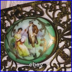 Antique Victorian Portrait Brooch Gold Hand Painted Ornate Irish Courting Couple