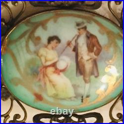 Antique Victorian Portrait Brooch Gold Hand Painted Ornate Irish Courting Couple