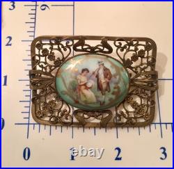 Antique Victorian Portrait Brooch Gold Hand Painted Ornate Irish Courting Couple