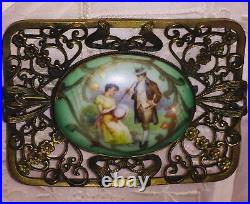 Antique Victorian Portrait Brooch Gold Hand Painted Porcelain Ornate Pin Large