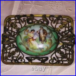 Antique Victorian Portrait Brooch Gold Hand Painted Porcelain Ornate Pin Large