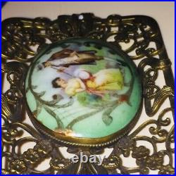 Antique Victorian Portrait Brooch Gold Hand Painted Porcelain Ornate Pin Large
