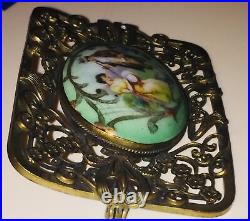 Antique Victorian Portrait Brooch Gold Hand Painted Porcelain Ornate Pin Large