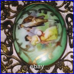 Antique Victorian Portrait Brooch Gold Hand Painted Porcelain Ornate Pin Large
