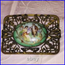 Antique Victorian Portrait Brooch Gold Hand Painted Porcelain Ornate Pin Large