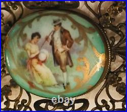 Antique Victorian Portrait Brooch Gold Hand Painted Porcelain Ornate Pin Large