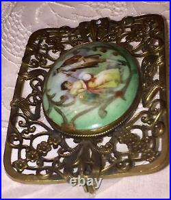 Antique Victorian Portrait Brooch Gold Hand Painted Porcelain Ornate Pin Large