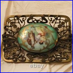 Antique Victorian Portrait Brooch Gold Hand Painted Porcelain Ornate Pin Large