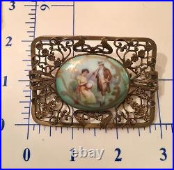 Antique Victorian Portrait Brooch Gold Hand Painted Porcelain Ornate Pin Large