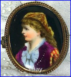 Antique Victorian Portrait Brooch Hand Painted Porcelain Cameo Brooch Pin
