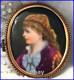 Antique Victorian Portrait Brooch Hand Painted Porcelain Cameo Brooch Pin