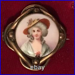 Antique Victorian Portrait Brooch Hand Painted Porcelain Cameo Pin