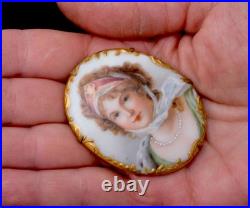 Antique Victorian Portrait Brooch Hand Painted Porcelain Gold Guild, C-clasp