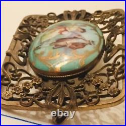 Antique Victorian Portrait Brooch Hand Painted Porcelain Gold Ornate Pin Large