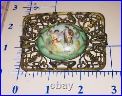Antique Victorian Portrait Brooch Hand Painted Porcelain Gold Ornate Pin Large