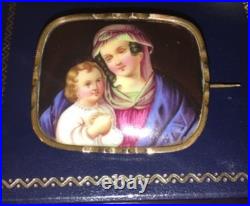 Antique Victorian Portrait Brooch Madonna Baby Jesus Hand Painted Pin Circa 1880