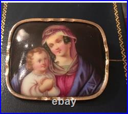 Antique Victorian Portrait Brooch Madonna Baby Jesus Hand Painted Pin Circa 1880