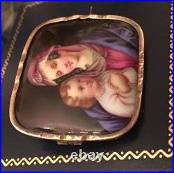 Antique Victorian Portrait Brooch Madonna Baby Jesus Hand Painted Pin Circa 1880