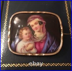 Antique Victorian Portrait Brooch Madonna Baby Jesus Hand Painted Pin Circa 1880