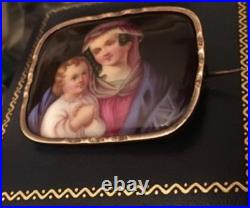 Antique Victorian Portrait Brooch Madonna Baby Jesus Hand Painted Pin Circa 1880