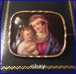 Antique Victorian Portrait Brooch Madonna Baby Jesus Hand Painted Pin Circa 1880