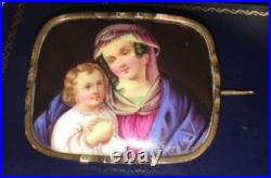 Antique Victorian Portrait Brooch Madonna Baby Jesus Hand Painted Pin Circa 1880