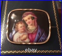 Antique Victorian Portrait Brooch Madonna Baby Jesus Hand Painted Pin Circa 1880