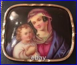 Antique Victorian Portrait Brooch Madonna Baby Jesus Hand Painted Pin Circa 1880