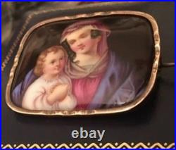 Antique Victorian Portrait Brooch Madonna Baby Jesus Hand Painted Pin Circa 1880