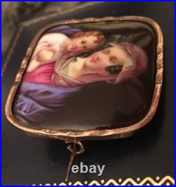 Antique Victorian Portrait Brooch Madonna Baby Jesus Hand Painted Pin Circa 1880