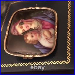 Antique Victorian Portrait Brooch Madonna Baby Jesus Hand Painted Pin Circa 1880