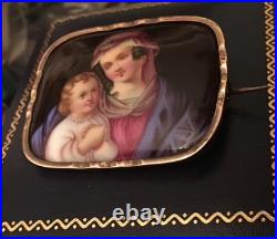 Antique Victorian Portrait Brooch Madonna Baby Jesus Hand Painted Pin Circa 1880