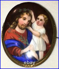 Antique Victorian Portrait Brooch Miniature Painting Porcelain Jesus Pin Minte