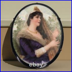 Antique Victorian Portrait Brooch Woman Playing Harp Brooch Hand Painted Oval