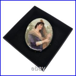 Antique Victorian Portrait Brooch Woman Playing Harp Brooch Hand Painted Oval
