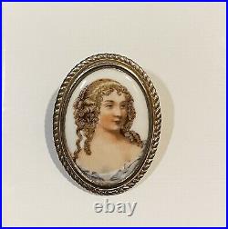 Antique Victorian Portrait Cameo Brooch Porcelain Hand Painted Gold Pin 1 3/4